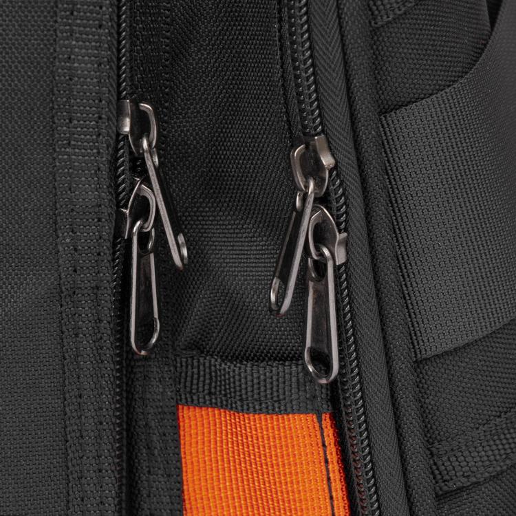 Black tool tote bag close-up of zipper pulls and orange interior label patch