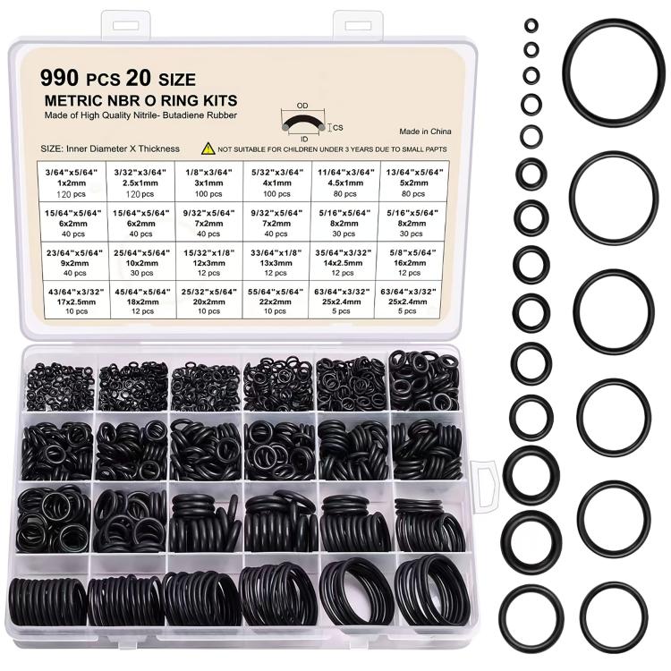 Metric NBR O-ring sealing rings assortment kit in transparent storage box, black rings