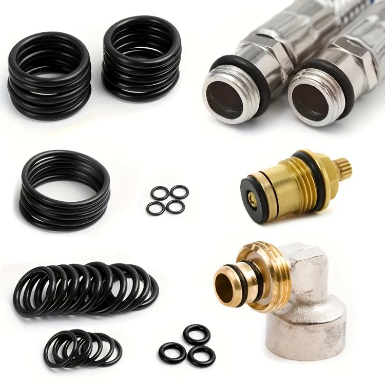 Close-up of black NBR O-rings and metal fittings with O-rings on ends