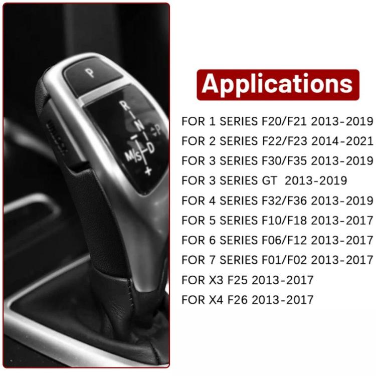 Black gear shift knob cover with application fitment list for BMW