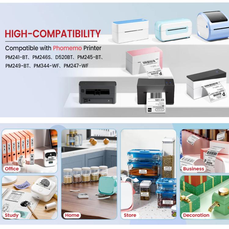 Adhesive label printer labels with sample barcode and label sheets