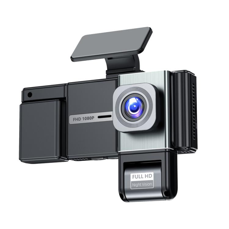 FHD 1080P dash cam with front lens and side modules, blue night vision lens