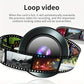 Dash cam loop video feature graphic with camera lens and continuous film strip