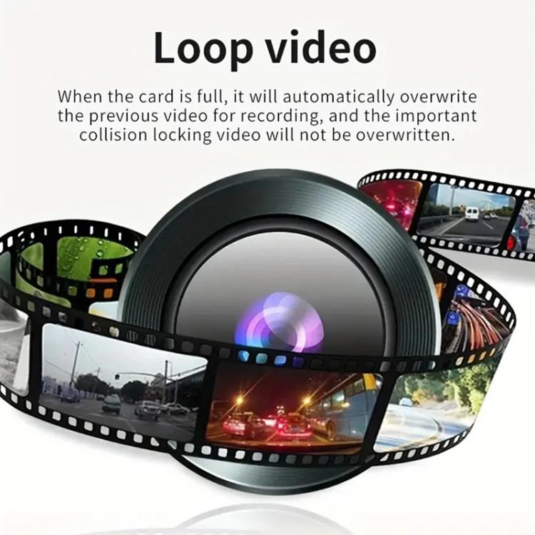 Dash cam loop video feature graphic with camera lens and continuous film strip