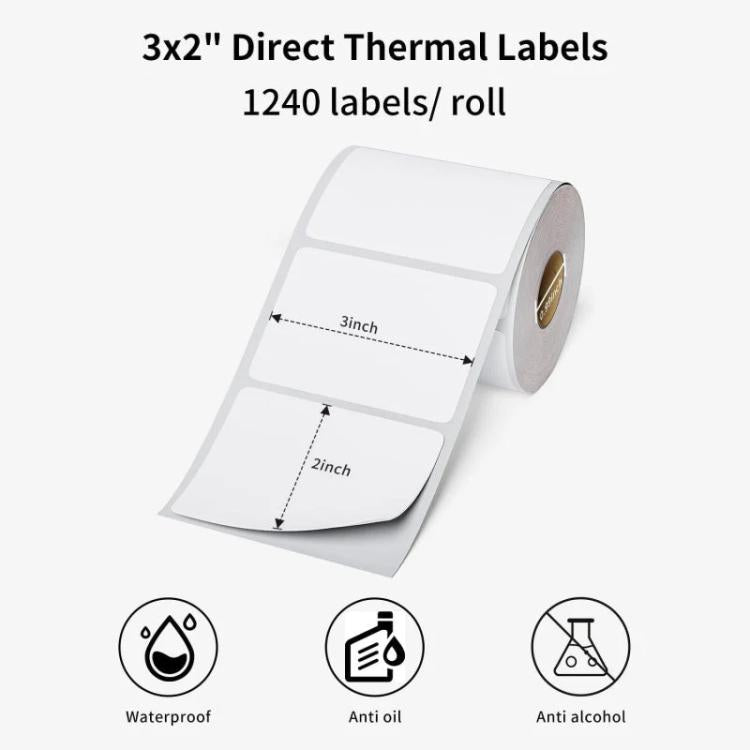3x2 direct thermal label roll, showing 3 inch by 2 inch label size and waterproof icon