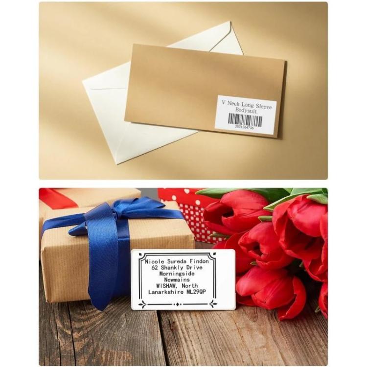 Shipping labels applied to envelopes and packages on a tabletop
