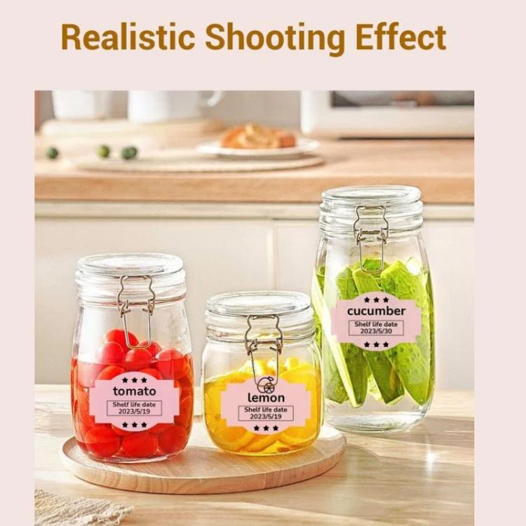 Phomemo 3 x 2 inch shipping label stickers on glass jars with colored labels
