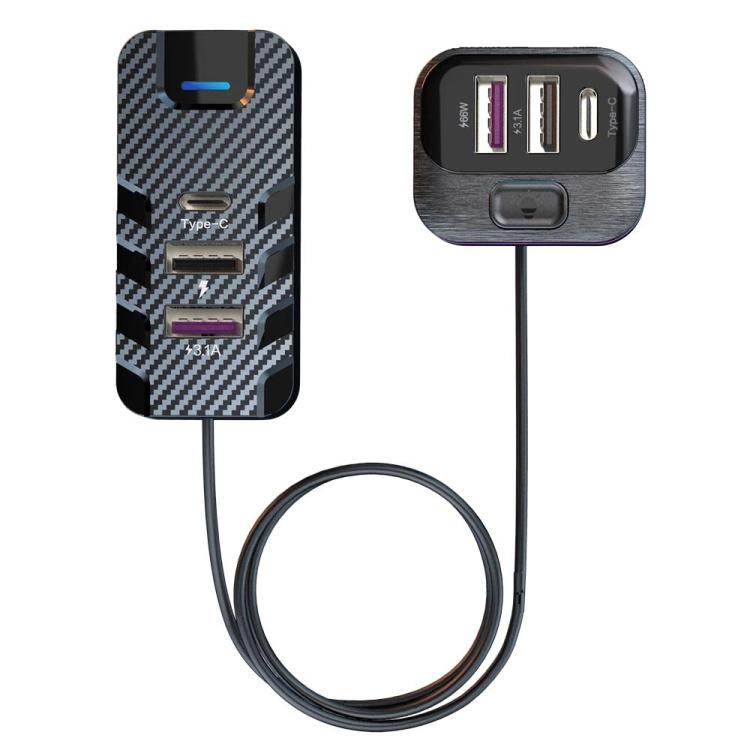6-port car phone charger with cable, black carbon-fiber style finish and blue accents