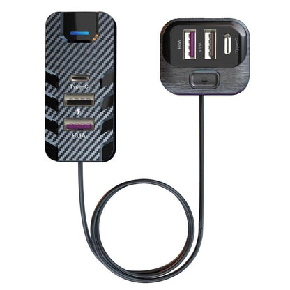 6-port car phone charger with cable, black carbon-fiber style finish and blue accents