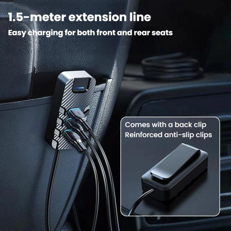 Compact car charger with back clip and anti-slip clips, cable leads included