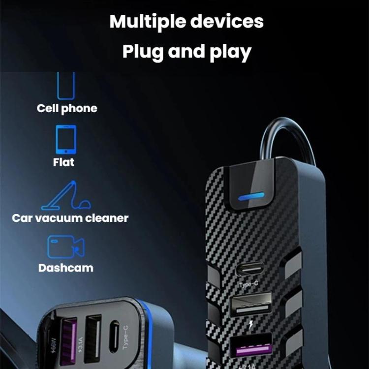 6-port multi-device car charger with Type-C and USB ports on a carbon-fiber panel