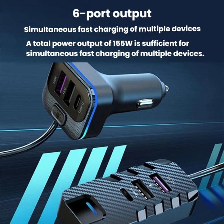 Multi-port car charger adapter plug with blue ring and visible port cluster