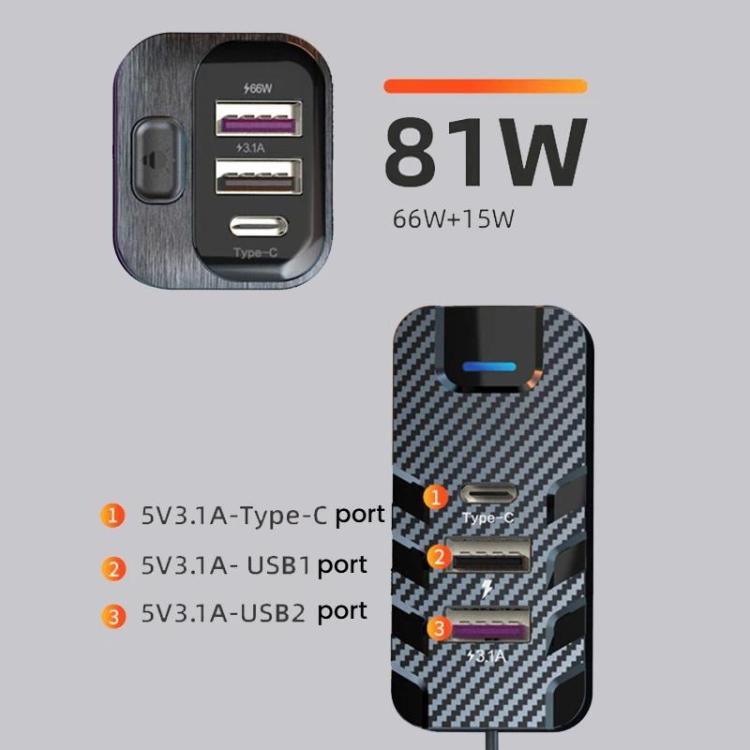 6-port car phone charger with 3 USB and Type-C ports, shown from front and back