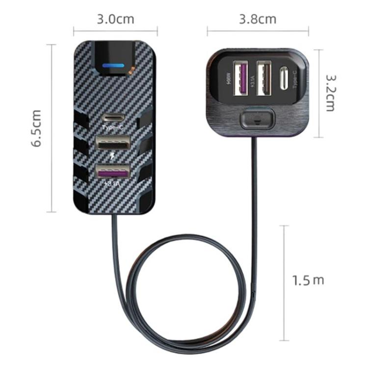 Car charger dimensions view: compact 6-port unit with long 1.5 m cable