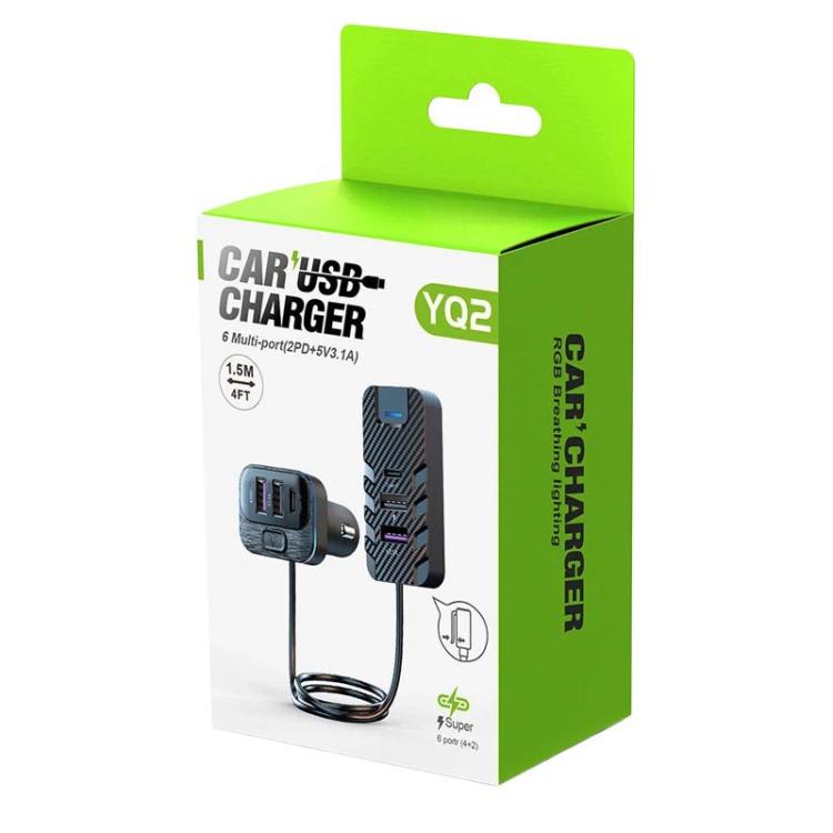 YQ2 car USB charger retail box with 6-port charger and cable shown on package