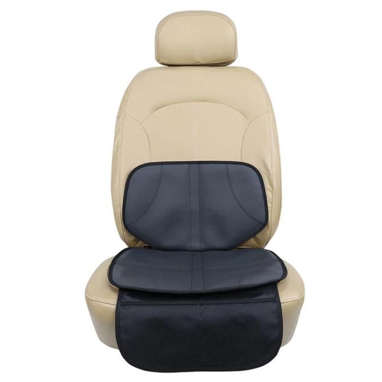 Beige car seat booster pad with dark bottom and side panel