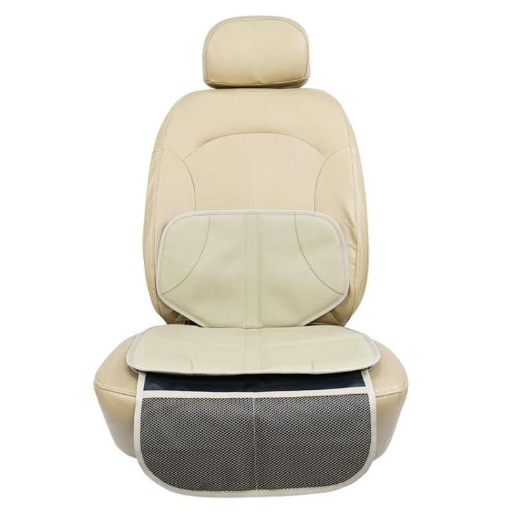Beige car seat booster pad with front mesh panel and smooth top cushion