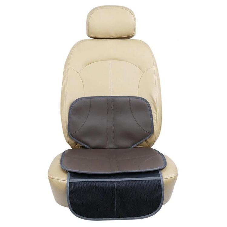 Beige booster pad with dark back insert and blue-gray top cushion