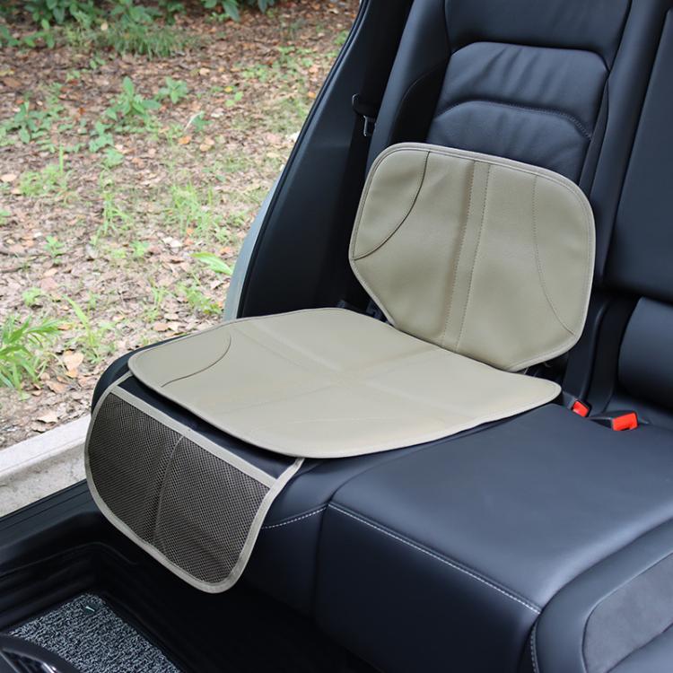 Car seat booster pad with beige top cushion and mesh side panel