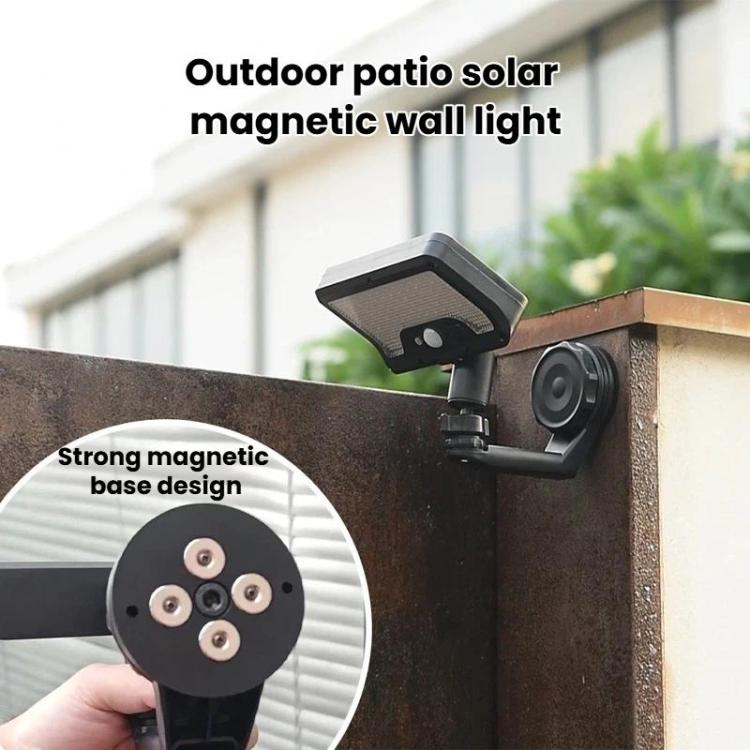 Outdoor solar wall light with magnetic base, mounted on a wall