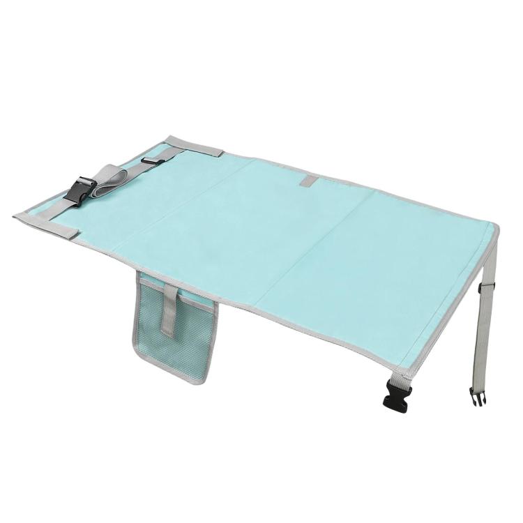 Foldable airplane child seat extension pad in teal with adjustable side straps