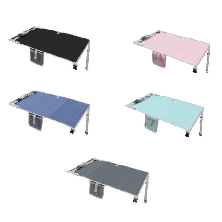 Foldable airplane child seat extension pad with side straps, shown in multiple colors