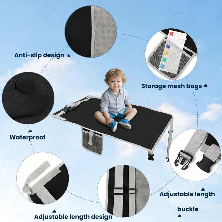 Waterproof airplane child seat extension pad with storage mesh pockets and adjustable length