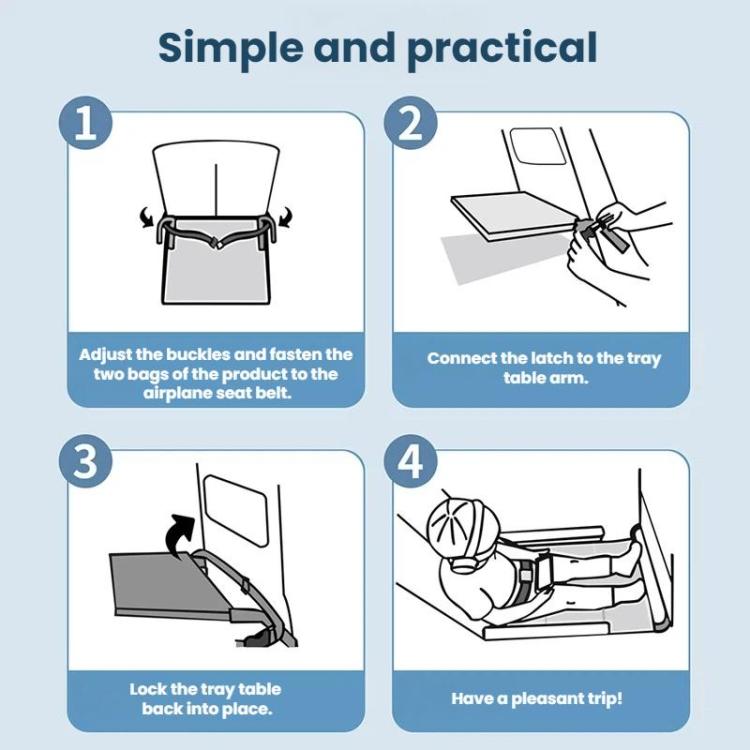 Airplane child seat extension pad with buckle fastening and tray attachment