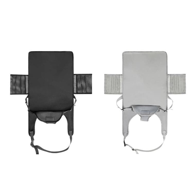Kids airplane seat hammock in black and gray with head panel and front leg straps