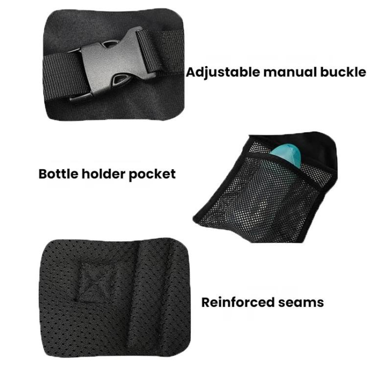 Black kids airplane seat hammock with adjustable buckle, bottle holder pocket, and reinforced seams