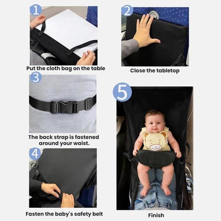 Gray kids airplane seat hammock shown with adjustable straps and baby safety belt fastened