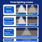 Black solar motion sensor light showing three lighting modes