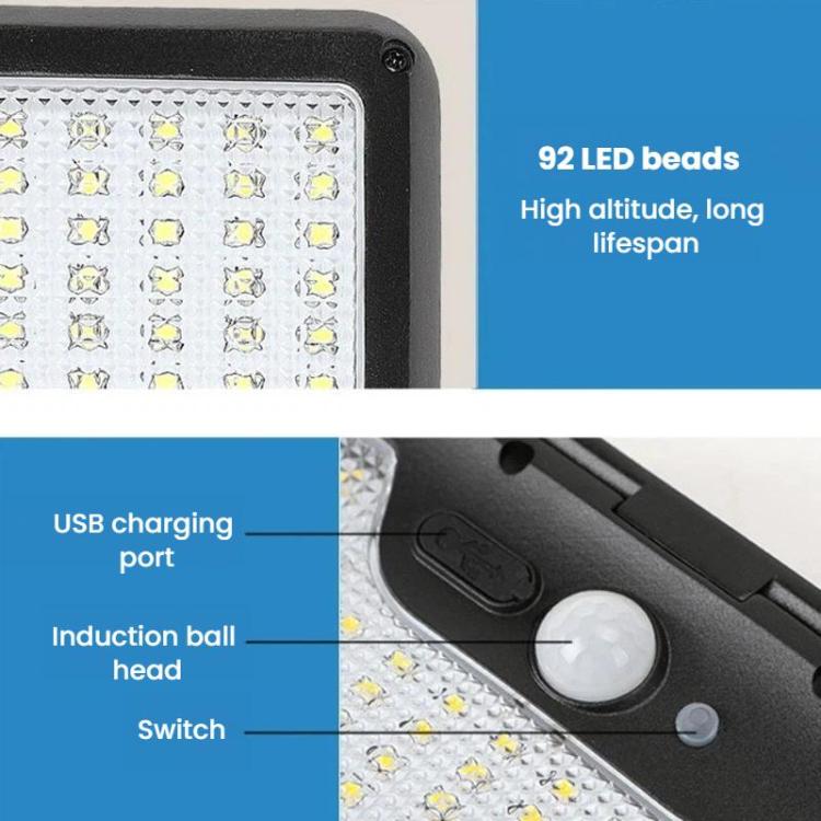 Black solar motion sensor light close-up: 92 LED beads, USB charging port