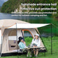 Khaki camping shelter tent with sunshade entrance hall and open side panels