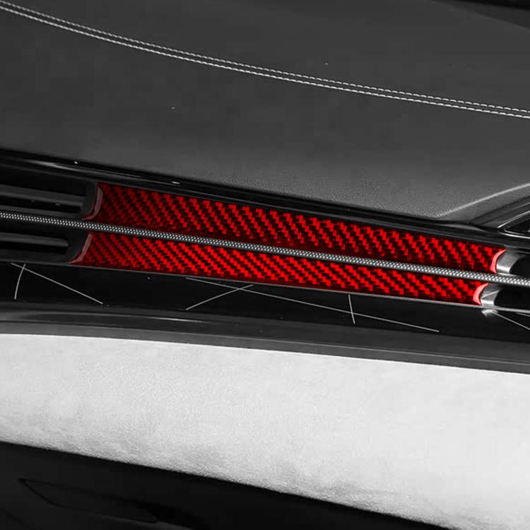 Dashboard side trim sticker set, red carbon-fiber look along passenger area
