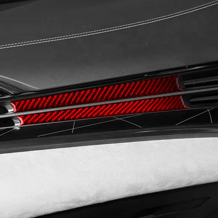 Red carbon-fiber dashboard trim sticker, passenger-side, with vent cutout