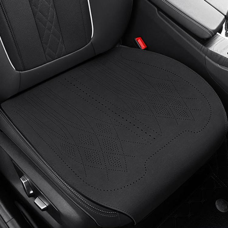 Car seat cushion in dark fabric with laser-perforation pattern and stitched border