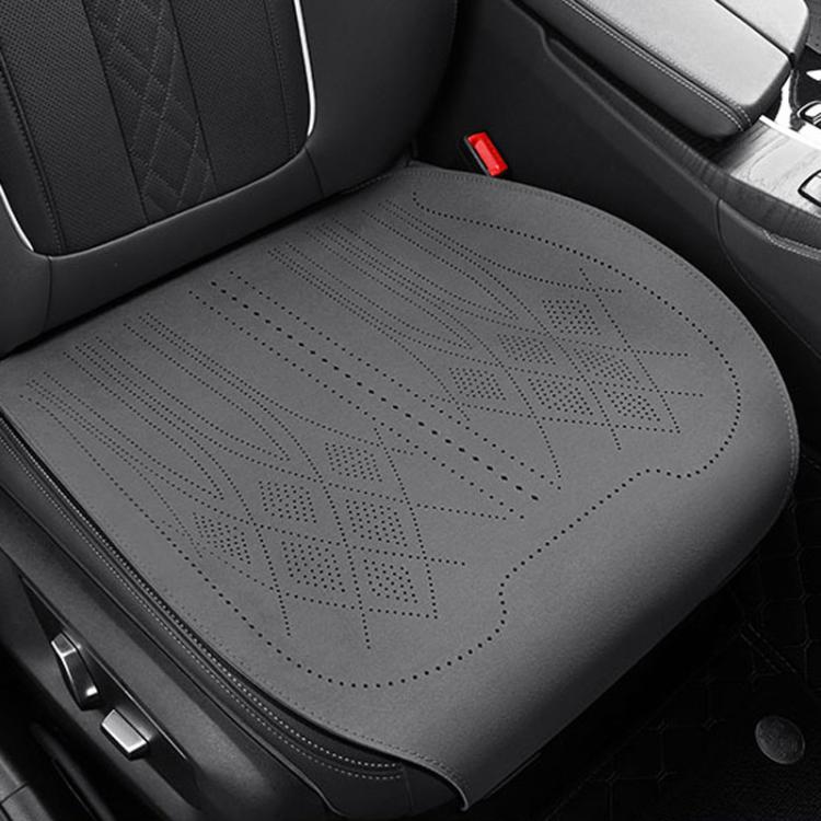 Car seat cushion in gray fabric with laser-perforation pattern and stitched border