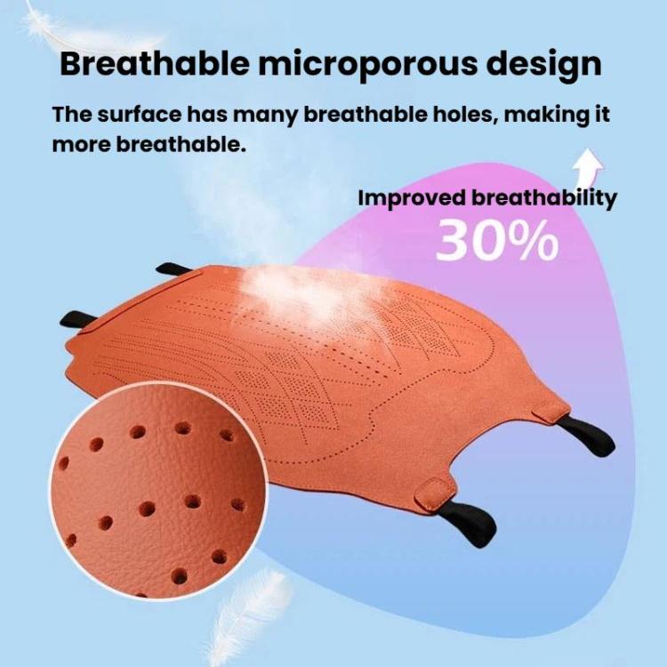 Orange car seat cushion with breathable hole design, shown with close-up inset