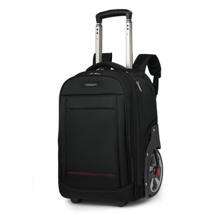 Black wheeled trolley backpack with extended handle and front zip compartment