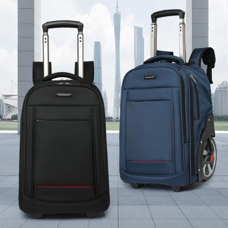 Pair of wheeled trolley backpacks, black and deep blue, with pull-up handles