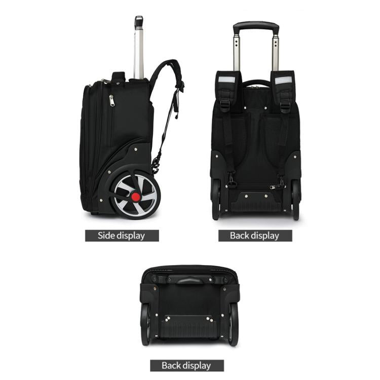 Black wheeled carry-on backpack duffel with side wheel cover and back strap compartments