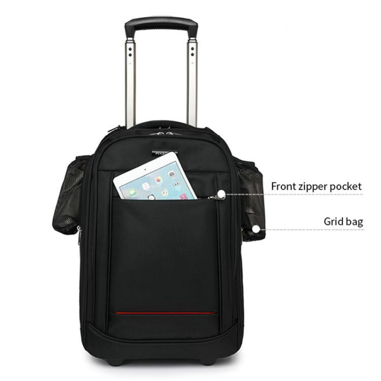 Black wheeled trolley backpack with front zip pocket and mesh side grid bag