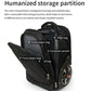 Open black wheeled trolley backpack showing main and front zipper pockets