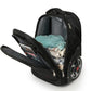 Black wheeled trolley backpack opened to show packed main compartment and side pocket