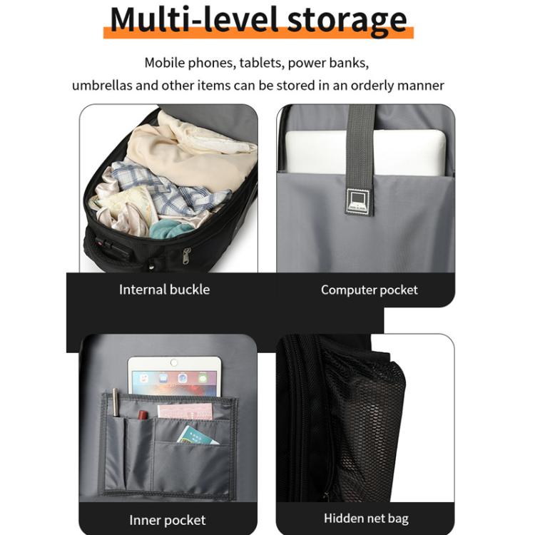 Black wheeled trolley backpack with multiple internal pockets and hidden mesh pocket