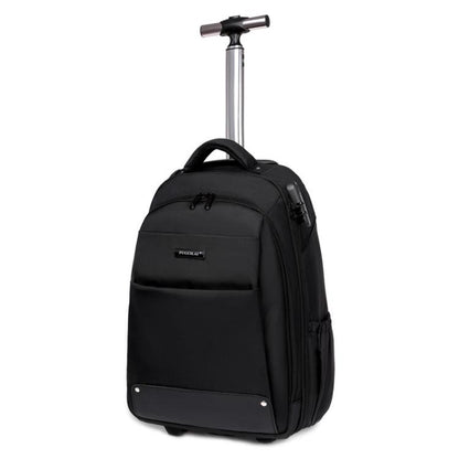 Black wheeled backpack trolley with telescopic handle and hideable wheel system