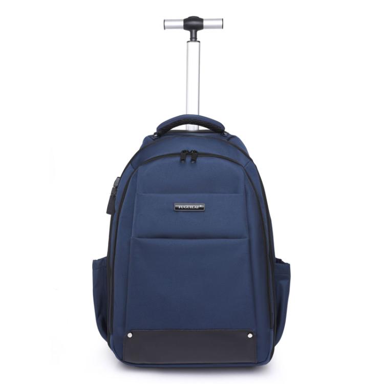 Deep blue wheeled backpack trolley with telescopic handle and hideable wheel system