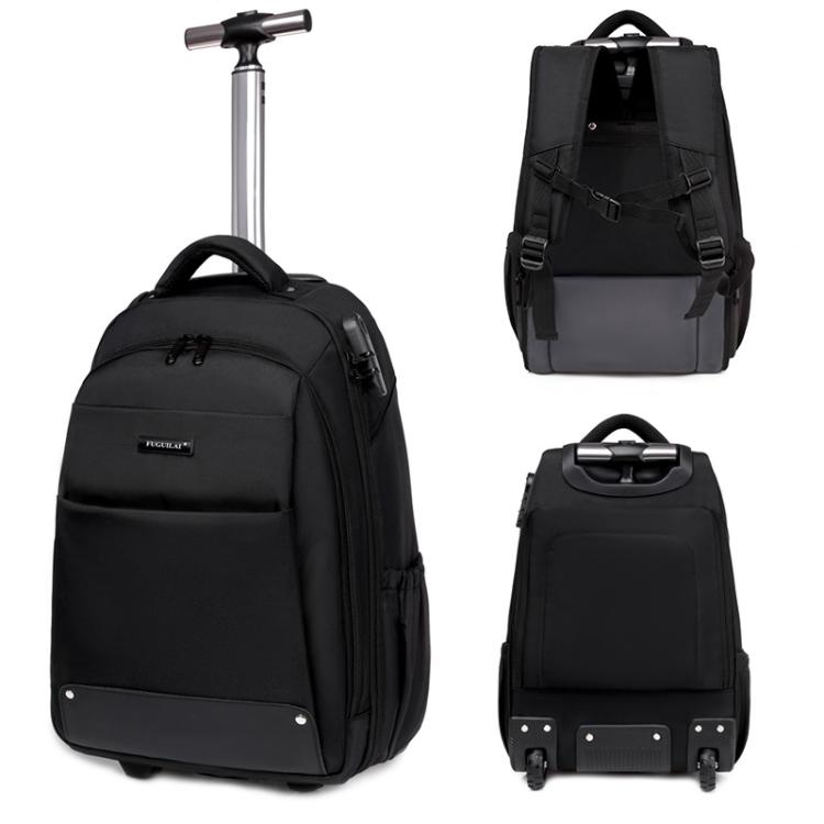 Black wheeled backpack trolley shown with telescopic handle and front compartments