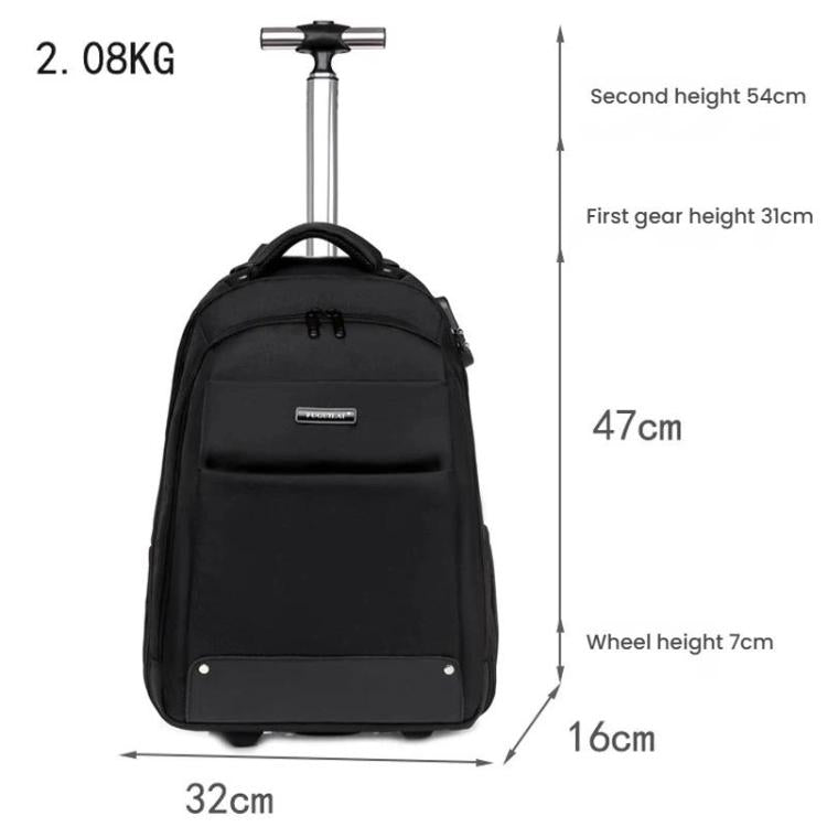 Black wheeled backpack diagram with telescopic handle, front pocket, 32cm width